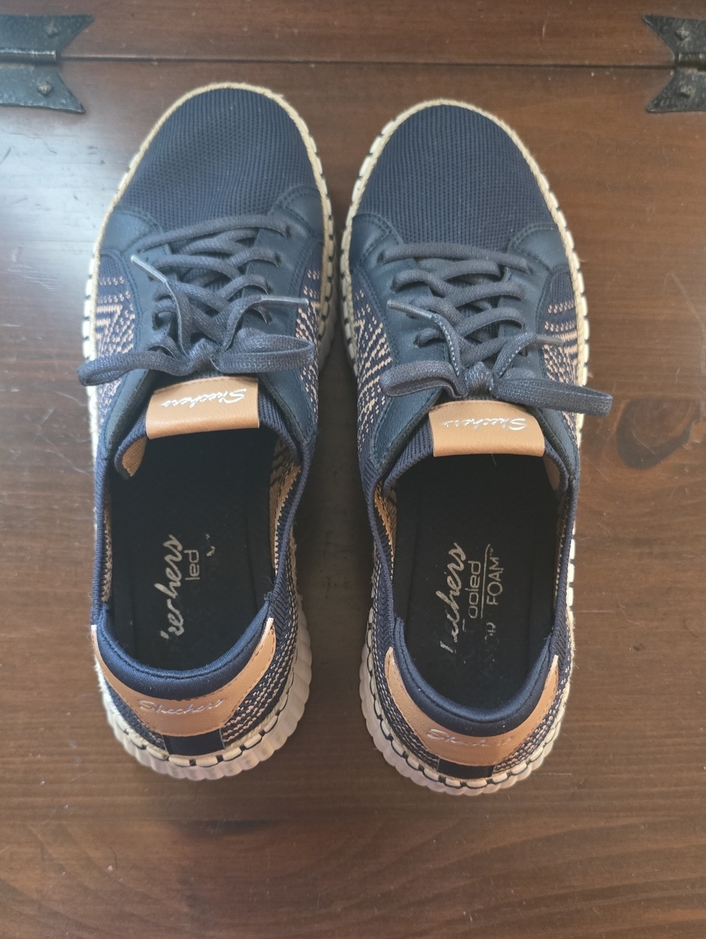 Skechers Navy Knit Lace-Up Sneakers with Tan Accents